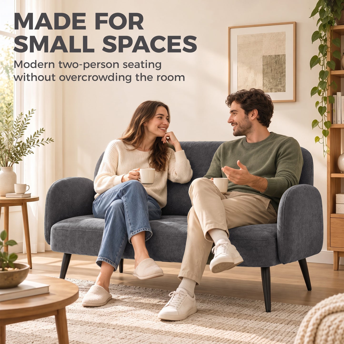 HOMCOM 132cm 2 Seater Sofa, Velvet Comfy Small Sofa Couch with Wide Seat, Thick Padding, Tapered Metal Legs, Dark Grey