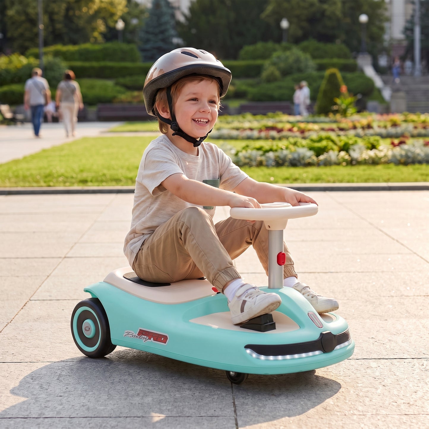AIYAPLAY 12V Electric Wiggle Car with Pedal, Kids Electric Car with 2 Speeds, Soft Start, Music, Lights for 3-5 Years, Light Blue