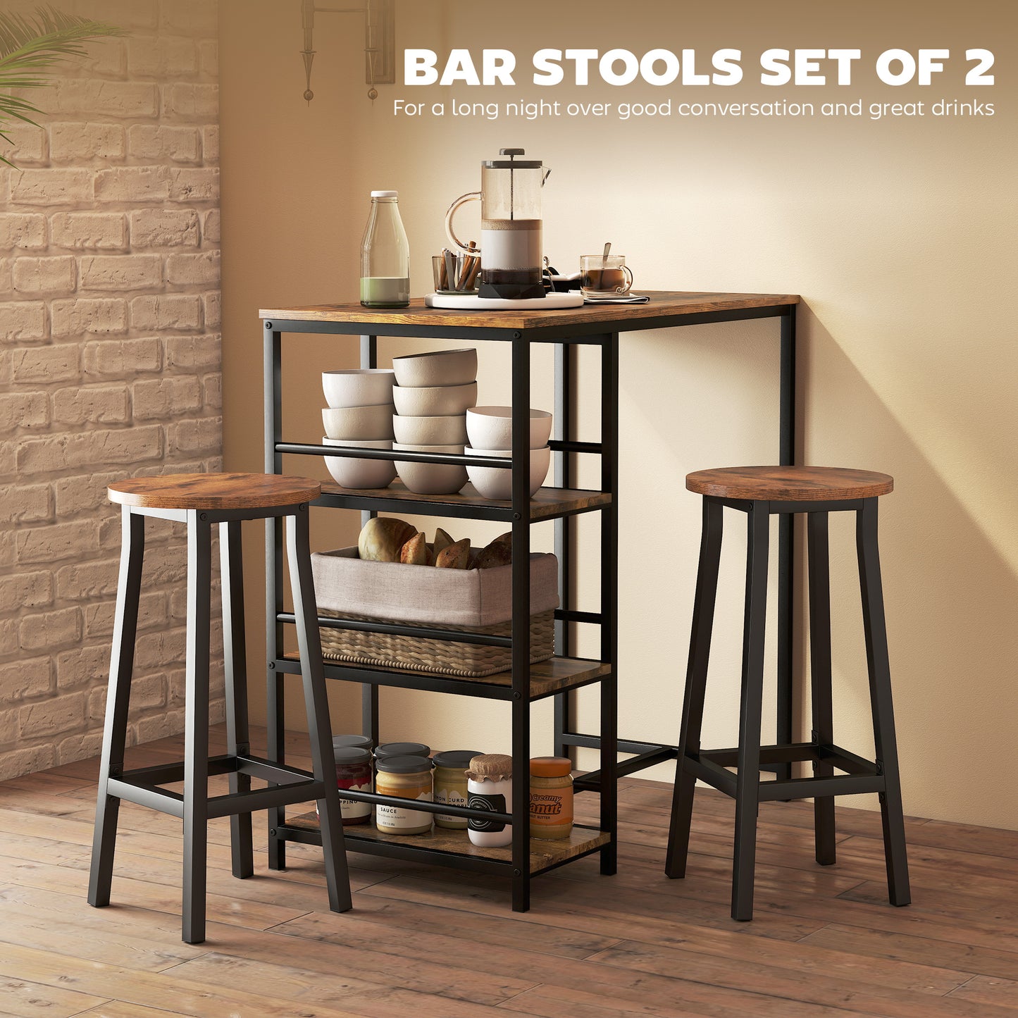 HOMCOM Bar Stools Set of 2 Breakfast Bar Stools with Footrest, Industrial Round, 32 x 32 x 65 cm, Rustic Brown