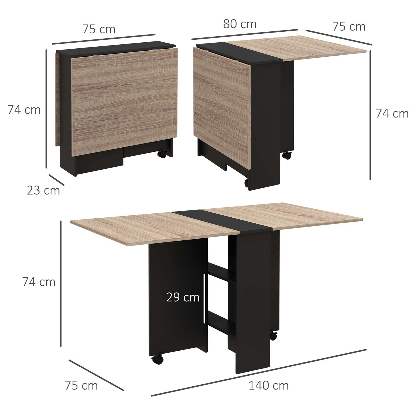 HOMCOM Folding Dining Table, Drop Leaf Design, 2-Tier Shelves, Rolling Casters, Oak and Black