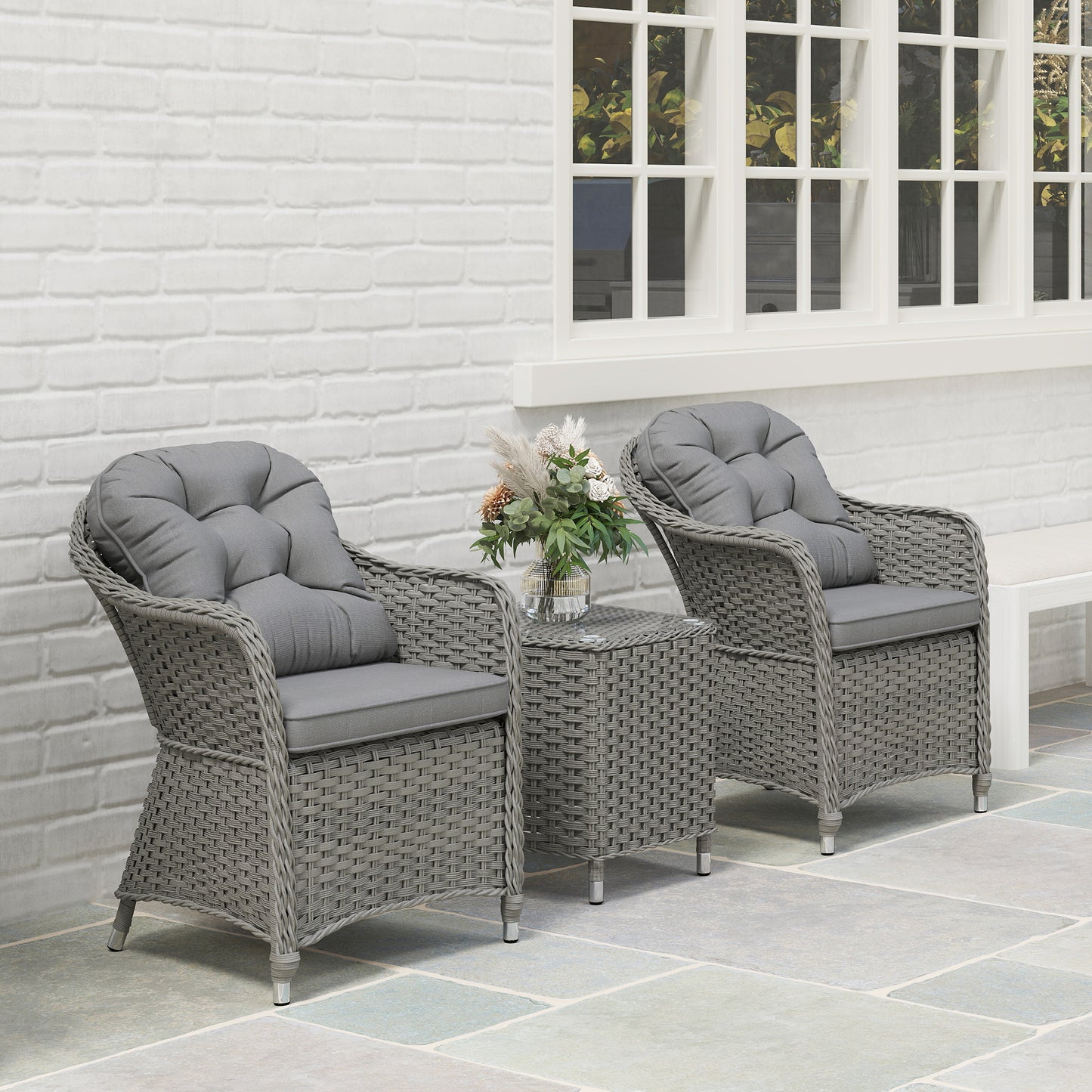 Outsunny 3-Piece Rattan Bistro Set, Glass Top Table & Cushioned Chairs for Patio, Balcony, Garden, Light Grey