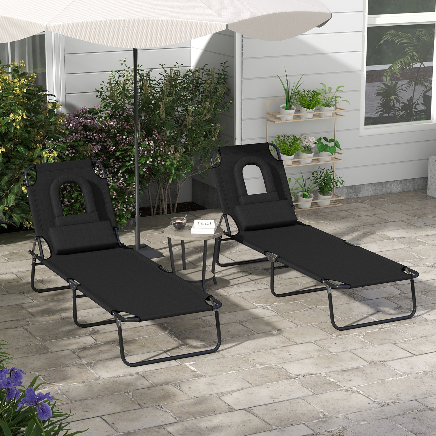 Outsunny Adjustable Backrest Foldable Sun Lounger Set with Pillow - Black