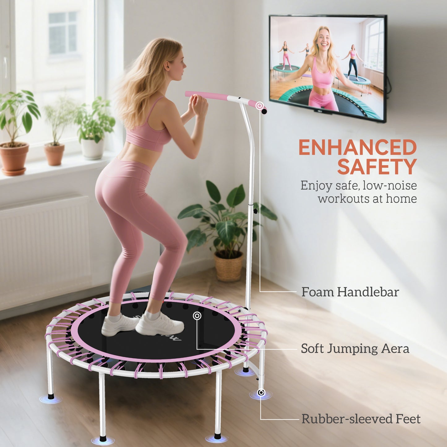SPORTNOW 40" Fitness Trampoline, Mini Rebounder for Adults with 5-Level Adjustable Handle, Indoor Exercise, Max Load 100KG, Purple