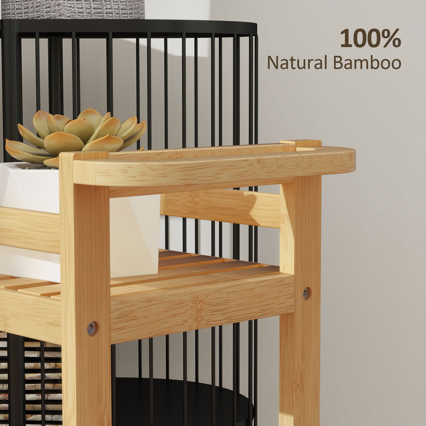 HOMCOM 3-Tier Bamboo Storage Trolley on Wheels with Handle for Kitchen, Office, Bathroom