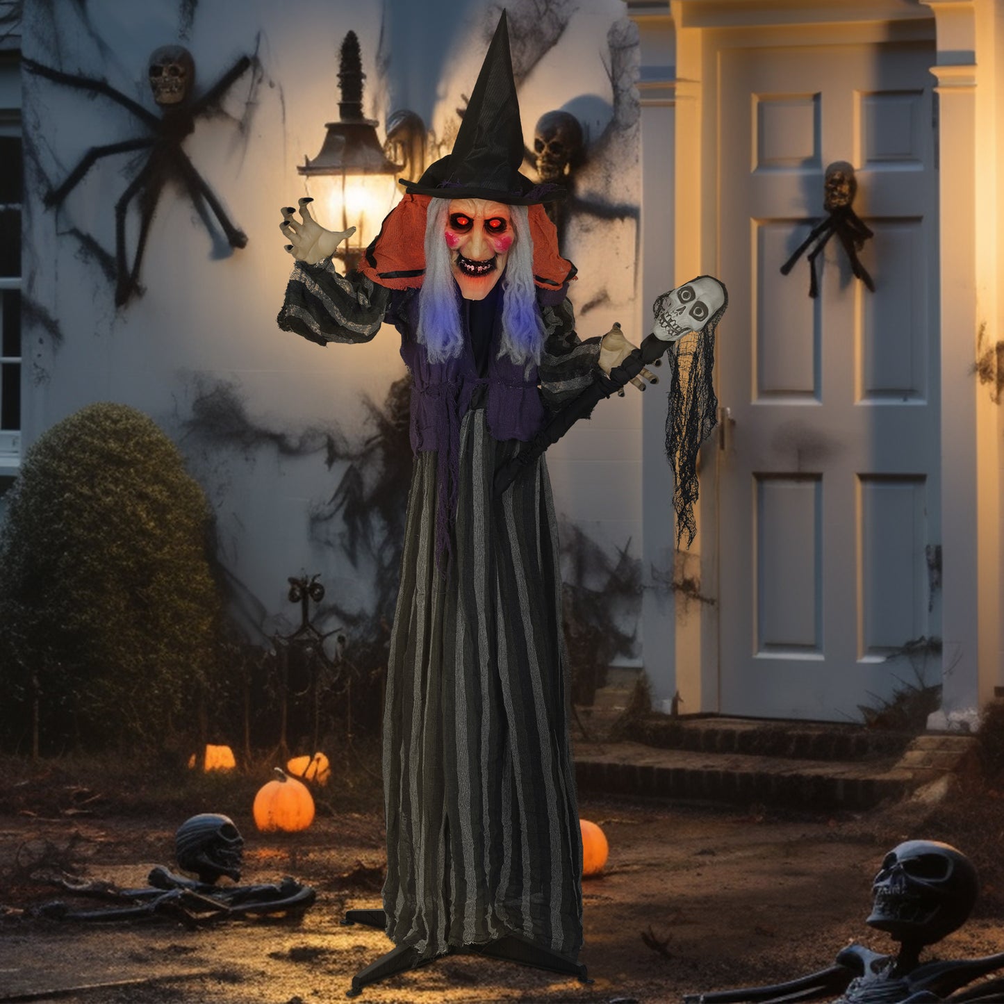 Outsunny Halloween Animated Witch with Skull Staff & Glowing LED Eyes, Battery Operated Indoor Party Prop, 160 cm, Spooky Decor, Black