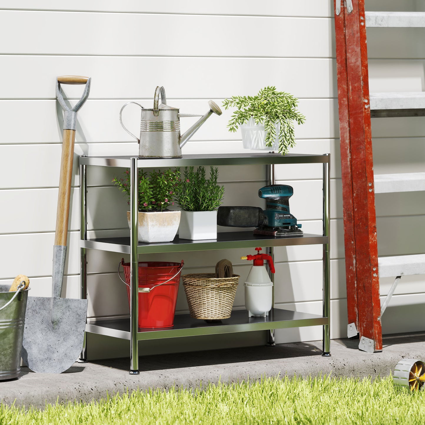 HOMCOM 3-Tier Bakers Rack, Stainless Steel Microwave Stand with Adjustable Shelves, Kitchen Storage for Spices, Pots, Pans, Silver Tone