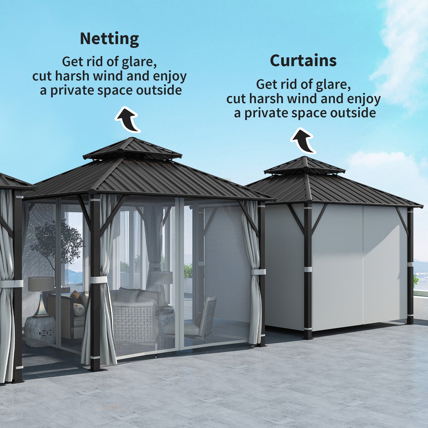 Outsunny Hardtop Gazebo Canopy, 3x3m, Double Metal Roof, Permanent Pavilion with Netting and Curtains, Easy Assembly, Black