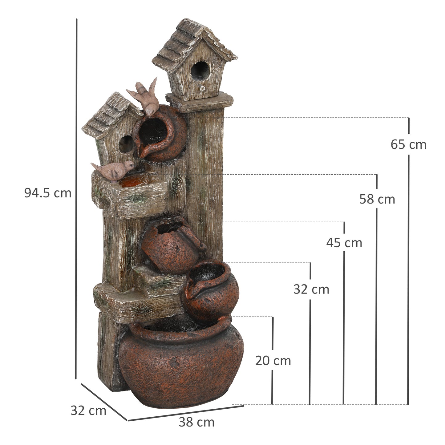 Outsunny 2-in-1 Resin Waterfall Fountain with Birdhouse & LED Lights, Tree Trunk Design, Cascading Water Feature, Multi-colour