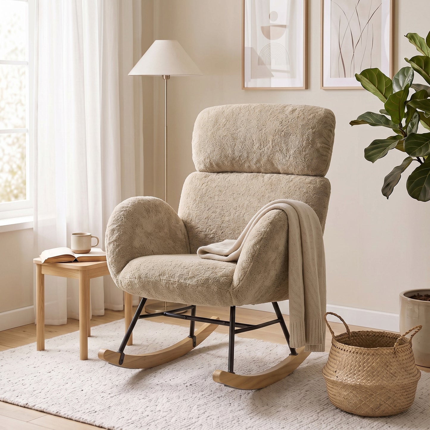 HOMCOM Upholstered Rocking Chair Adjustable Headrest Rocker Chair Raindrop Velvet Rubberwood Base Light Brown