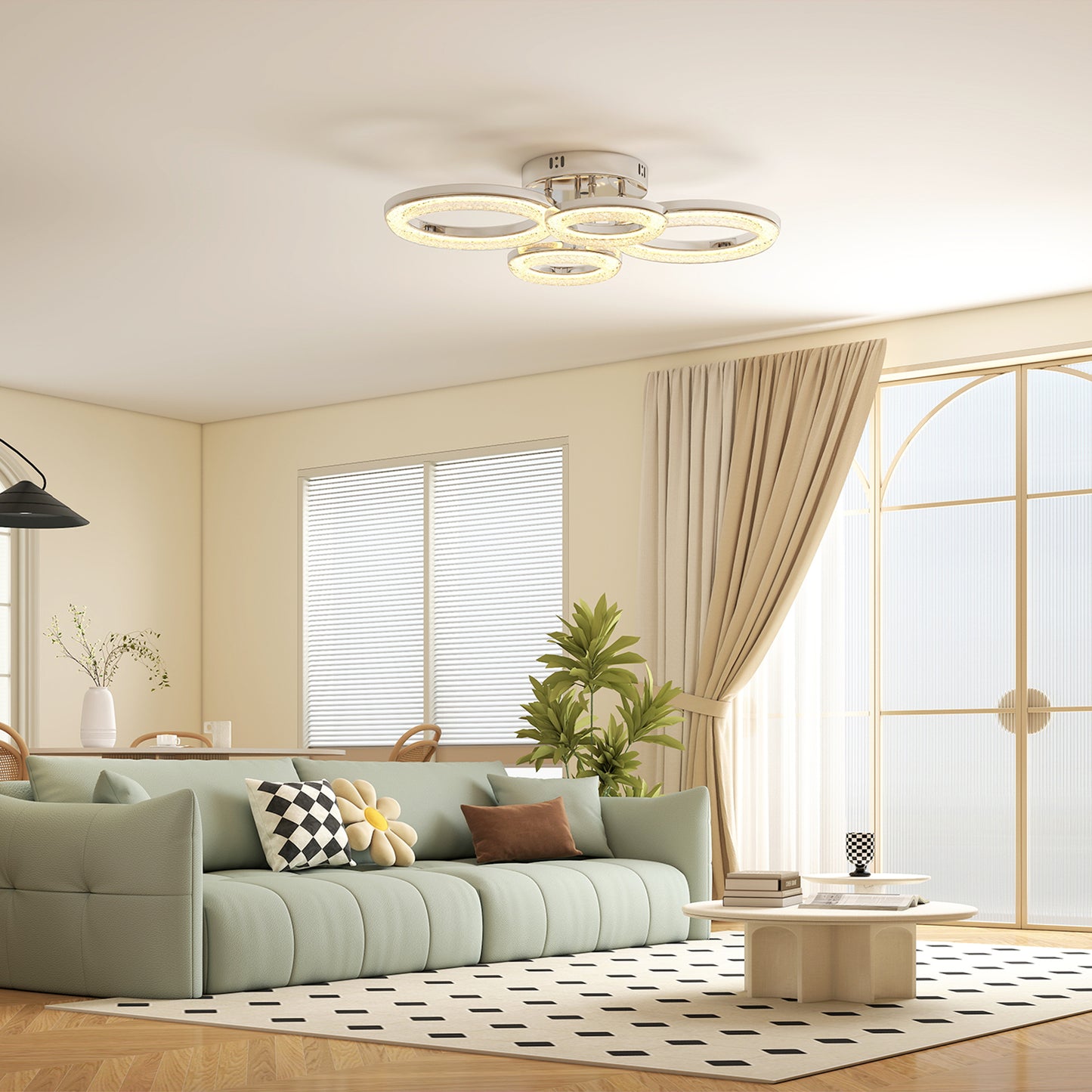 HOMCOM LED Ceiling Light, Modern 4 Rings Lamp, 40W 4350lm Flush Mount with 3500K/4500K/6000K Temps for Living Room, Bedroom, Silver Tone