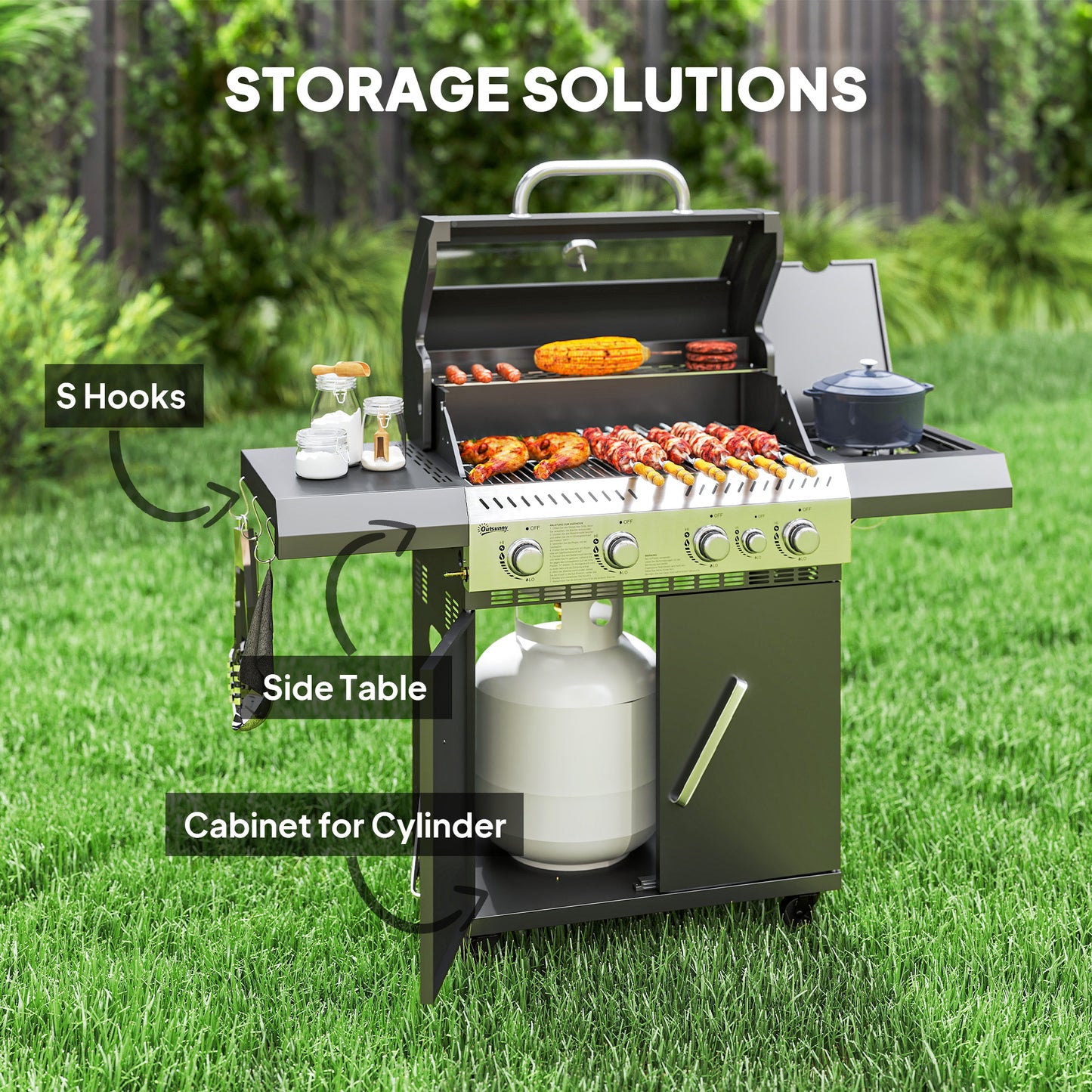 Outsunny 4+1 Burner Gas BBQ Grill, Clear View Lid, Thermometer, Side Table, Cabinet, Wheels, Grease Tray, Garden Outdoor Cooking, Black