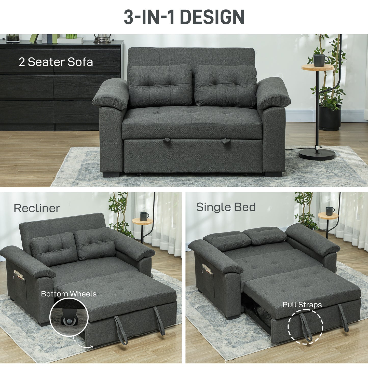 HOMCOM Pull Out Sofa Bed, 2 Seater Click Clack Convertible Couch with Pillows and Side Pockets for Living Room, Charcoal Grey