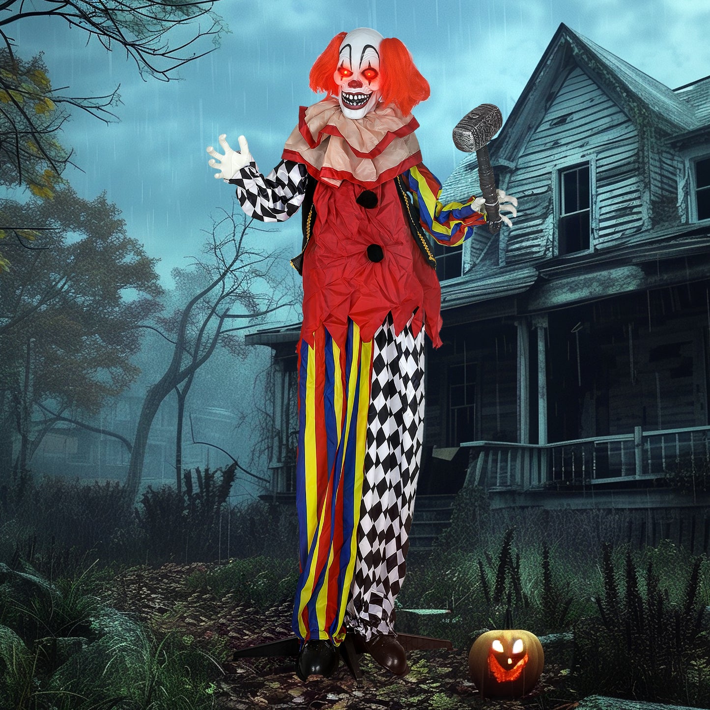 Outsunny Life Size Halloween Animated Clown with Red Light Up Eyes, Sound Activated Moving Arms & Head, Battery Operated Indoor Prop, 173 cm, Red