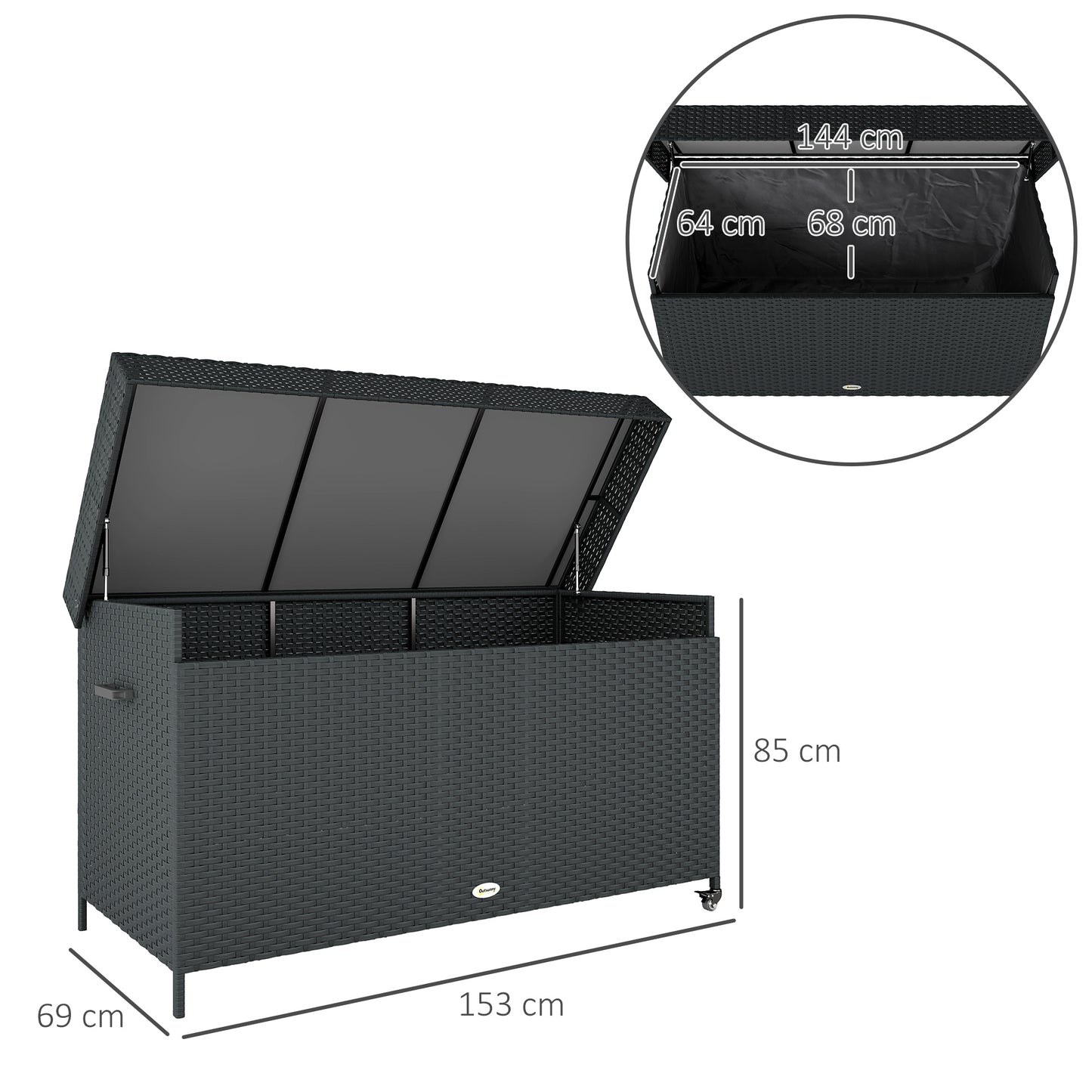Outsunny 627 L Rattan Garden Storage Box, Outdoor Cushion Chest with Gas Lift Lid & Wheels, Black