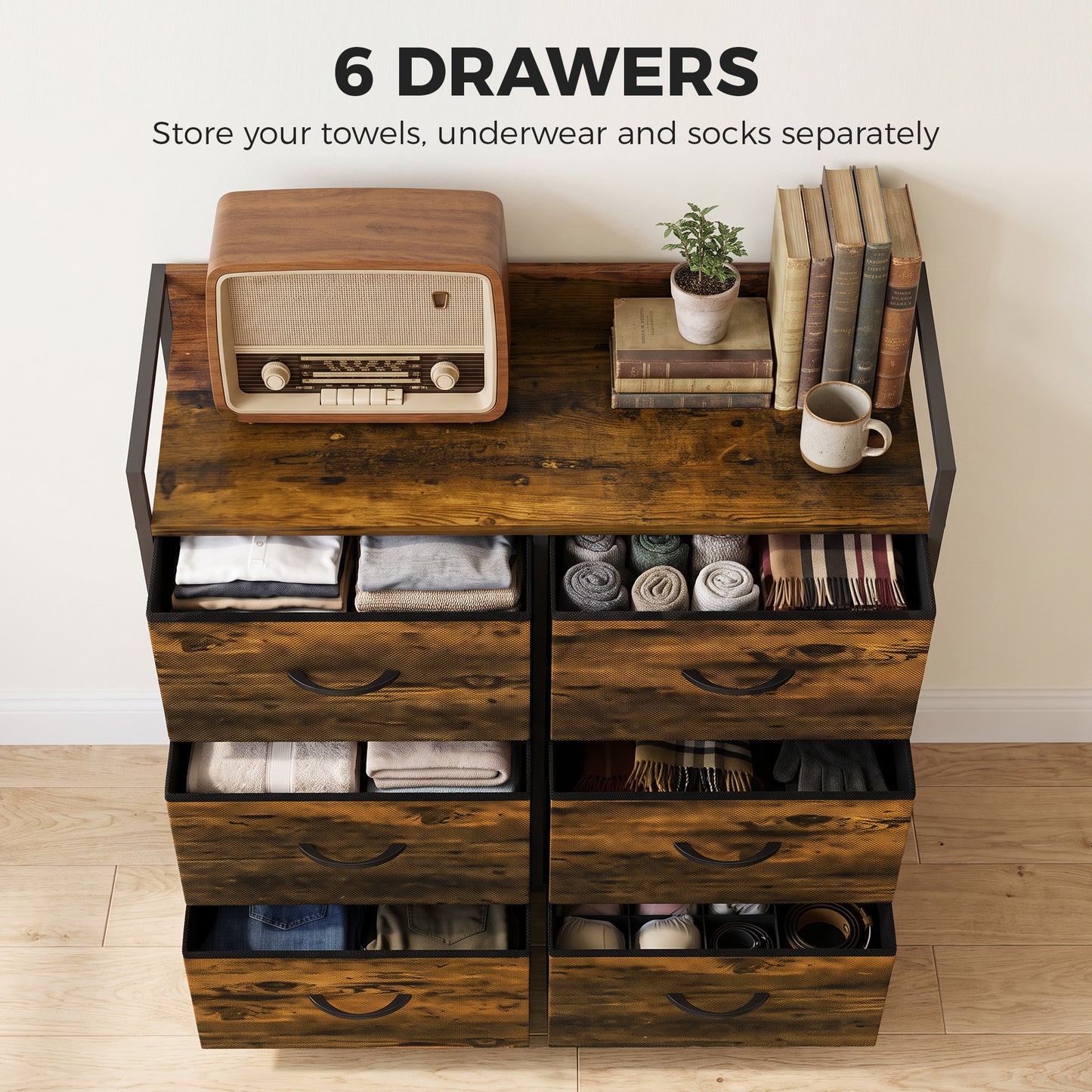 HOMCOM Rustic Chest of Six Fabric Drawers - Rustic Brown