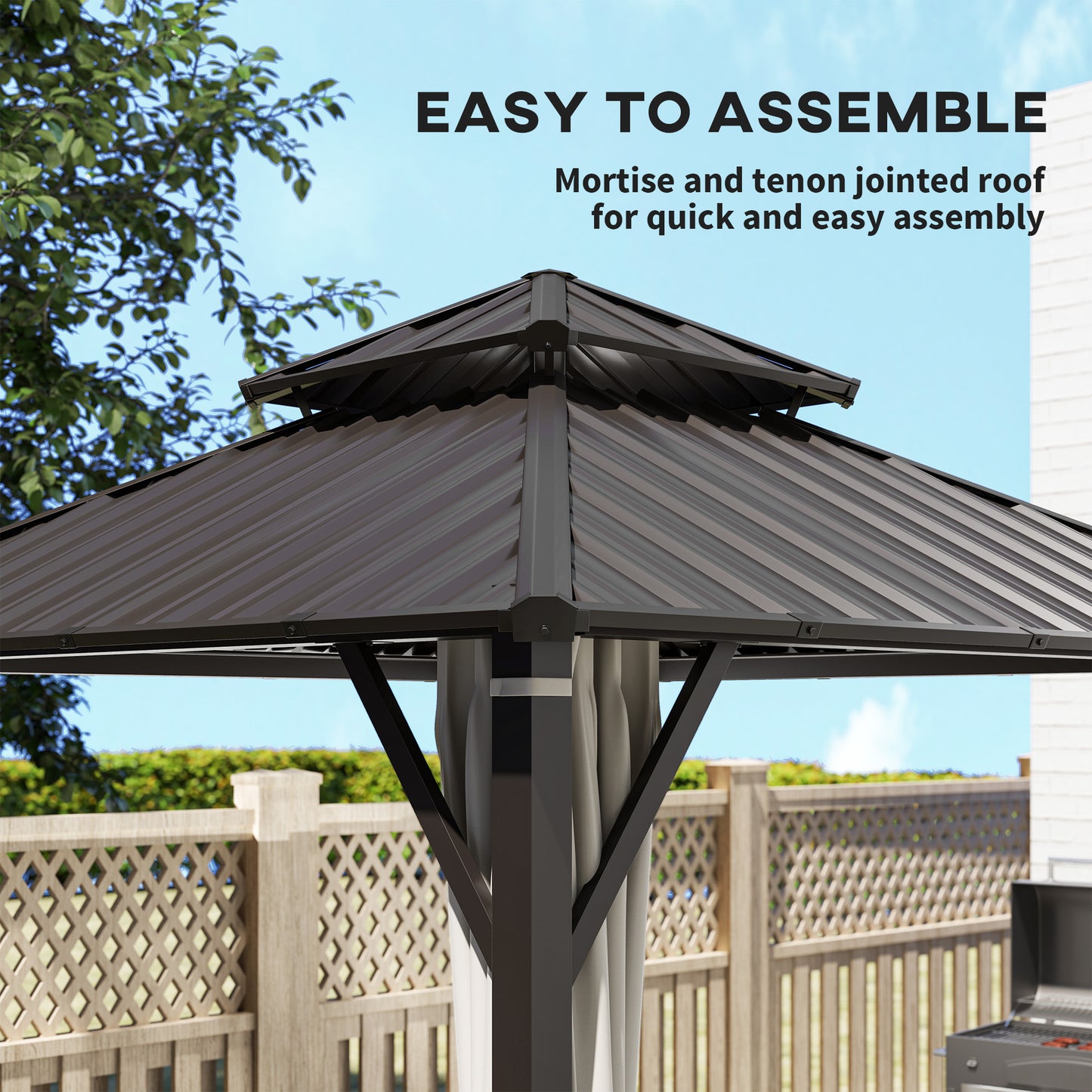 Outsunny Hardtop Gazebo Canopy, 3x3m, Double Metal Roof, Permanent Pavilion with Netting and Curtains, Easy Assembly, Black