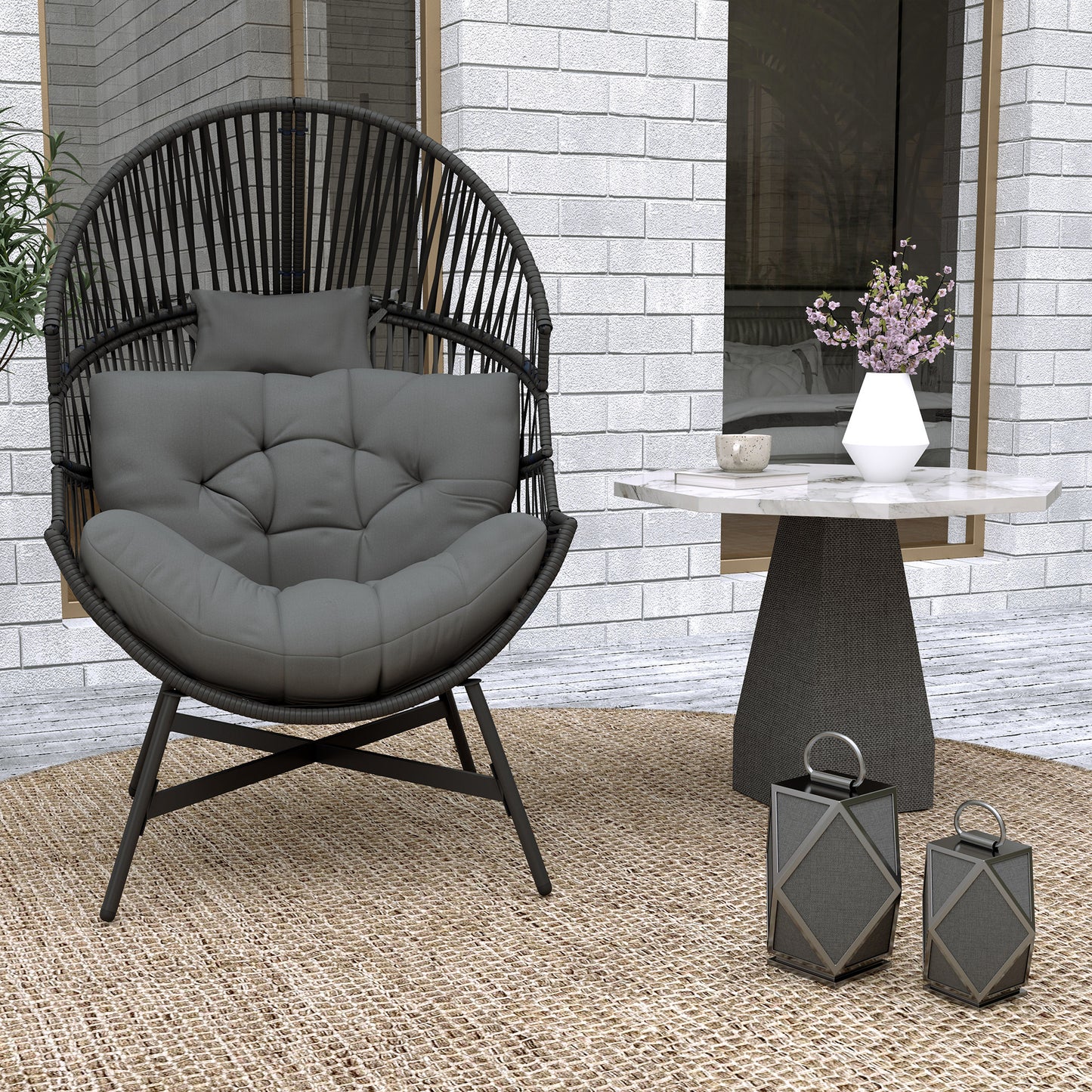 Outsunny Rattan Egg Chair, Oversized Freestanding Garden Chair with Cushion, Headrest, Steel Frame for Indoor/Outdoor Use, Charcoal Grey