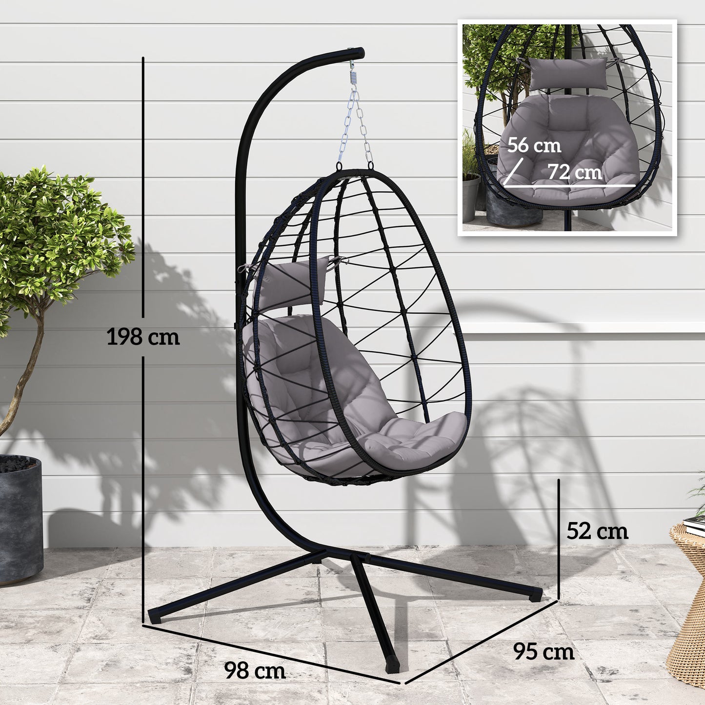 Outsunny Hanging Egg Chair, Outdoor/Indoor Swing with Folding Basket, Cushion & Stand, Grey