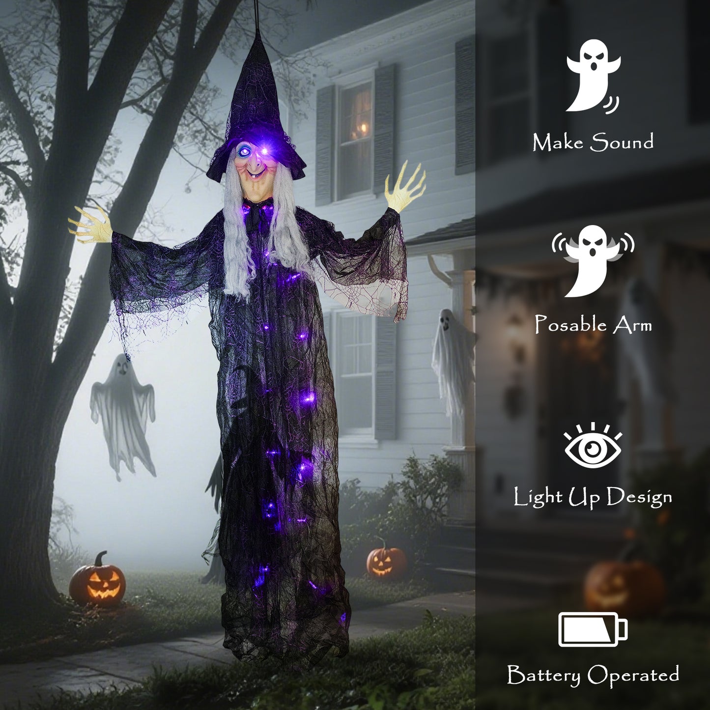 Outsunny 183 cm Life Size Halloween Animated Hanging Witch with Glowing LED Eyes & Body, Battery Operated Indoor Party Props, Spooky Decorations