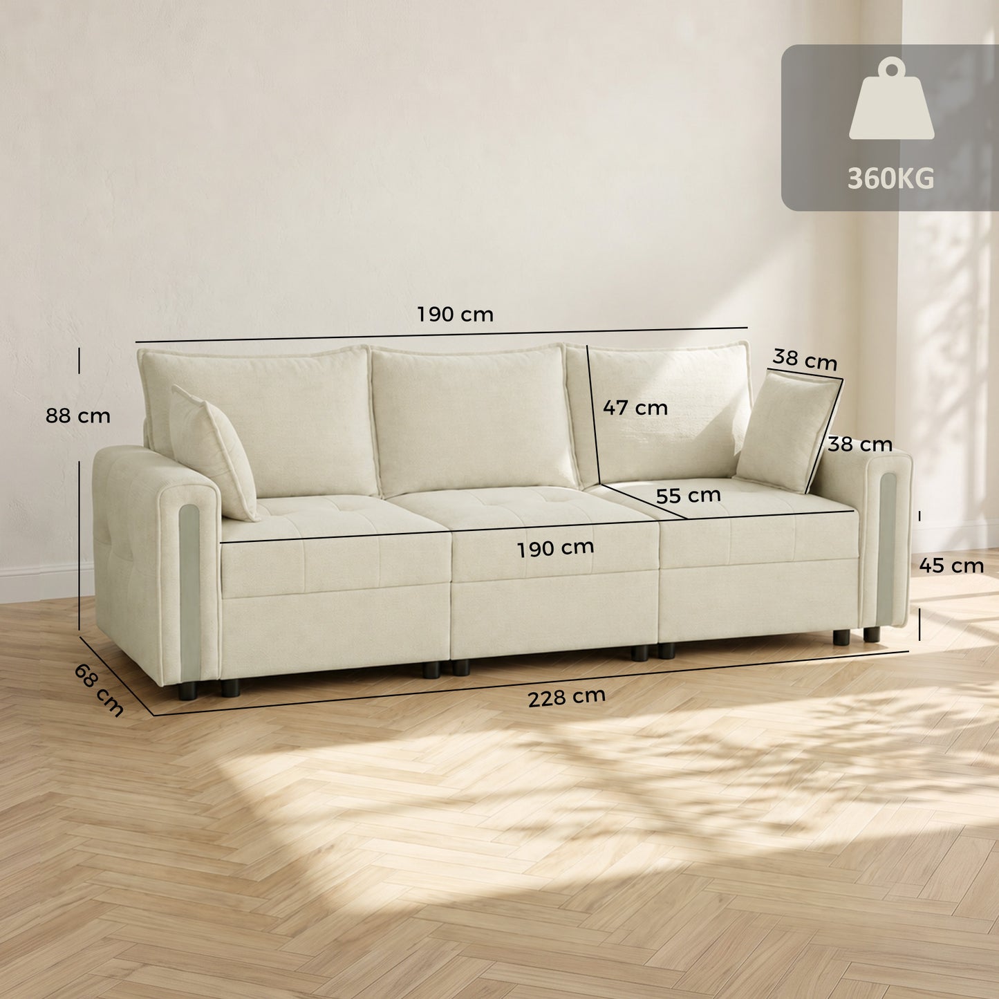 HOMCOM 3 Seater Sofa with Lift-Up Storage, 228cm Comfy Velvet Couch with Wide Deep Seat, Beige