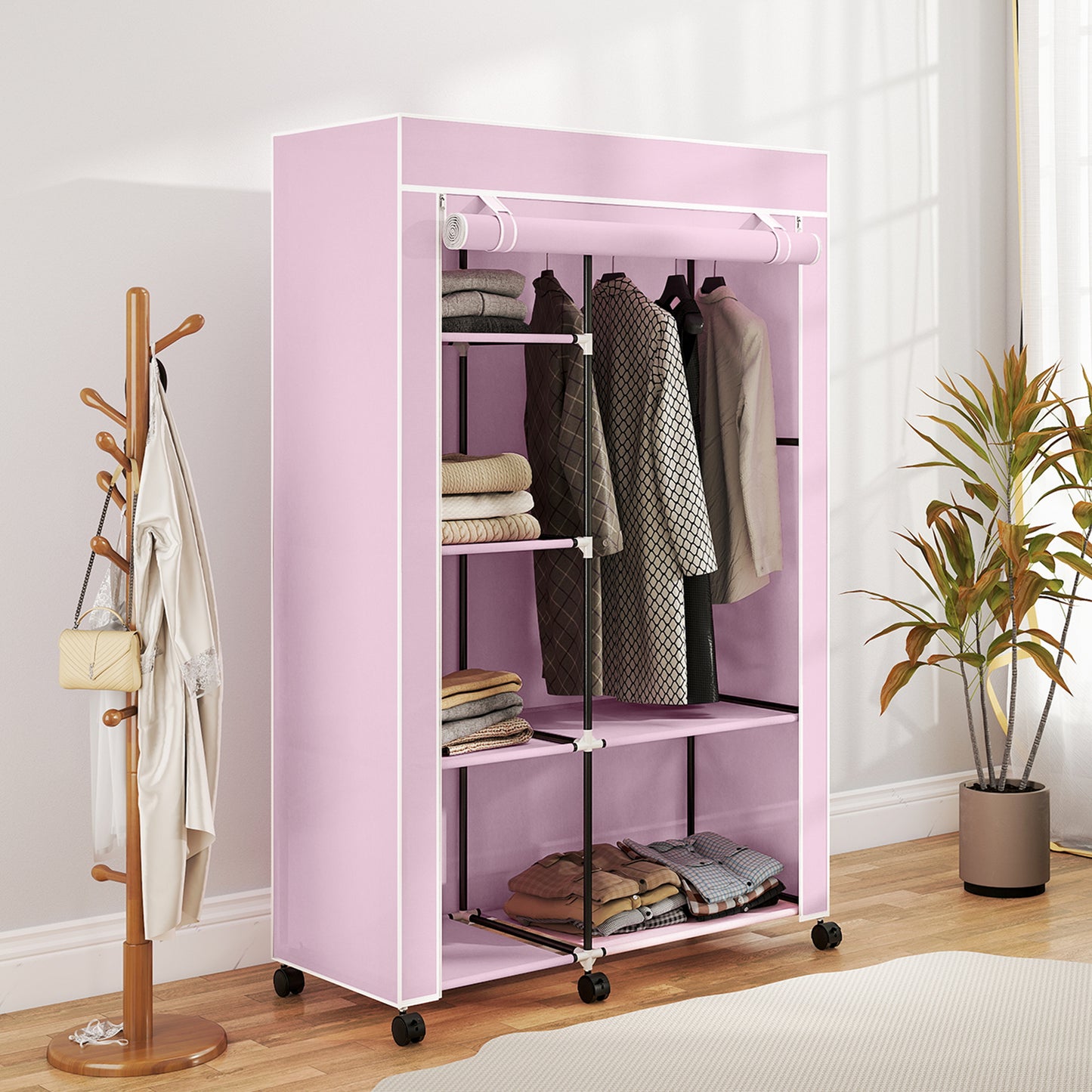 HOMCOM Fabric Wardrobe, Portable Wardrobe with 6 Shelves, 1 Hanging Rail, Pink