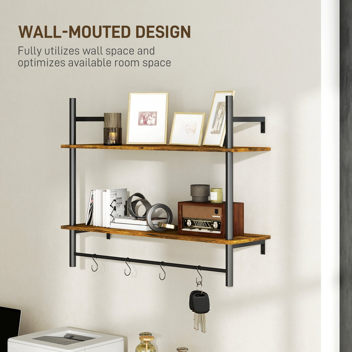 HOMCOM Wall Mounted Floating Shelves with 4 Hooks, Rustic Wall Shelf Unit for Living Room, Entryway, Rustic Brown