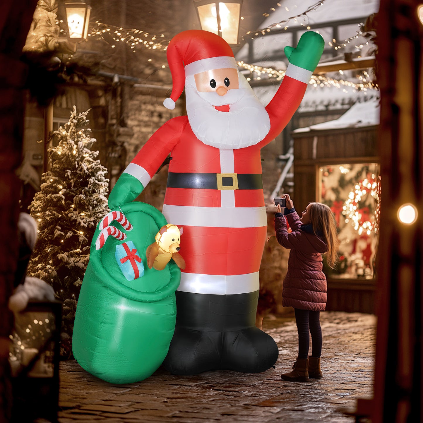 Outsunny 9ft Santa with Bear Sack, Inflatable Christmas Decoration with LED Lights for Garden, Indoor/Outdoor Home Decor