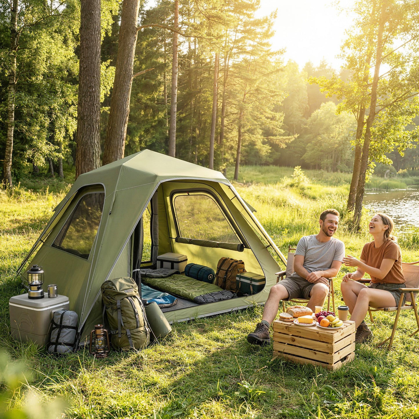 Outsunny Pop Up Tent 3000mm Waterproof Camping Tents with Mesh Windows 3-4 People Green
