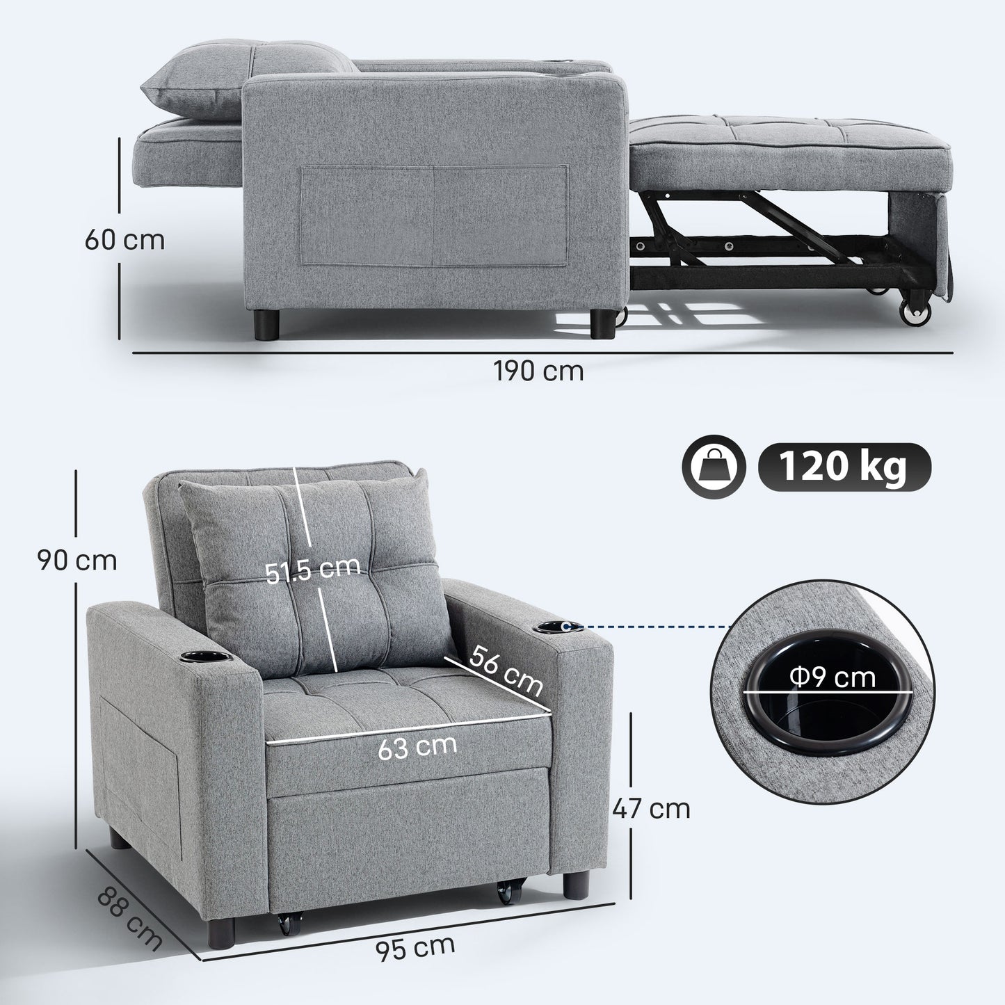 HOMCOM 3-in-1 Single Sofa Bed, Convertible Sleeper Chair Bed - Light Grey