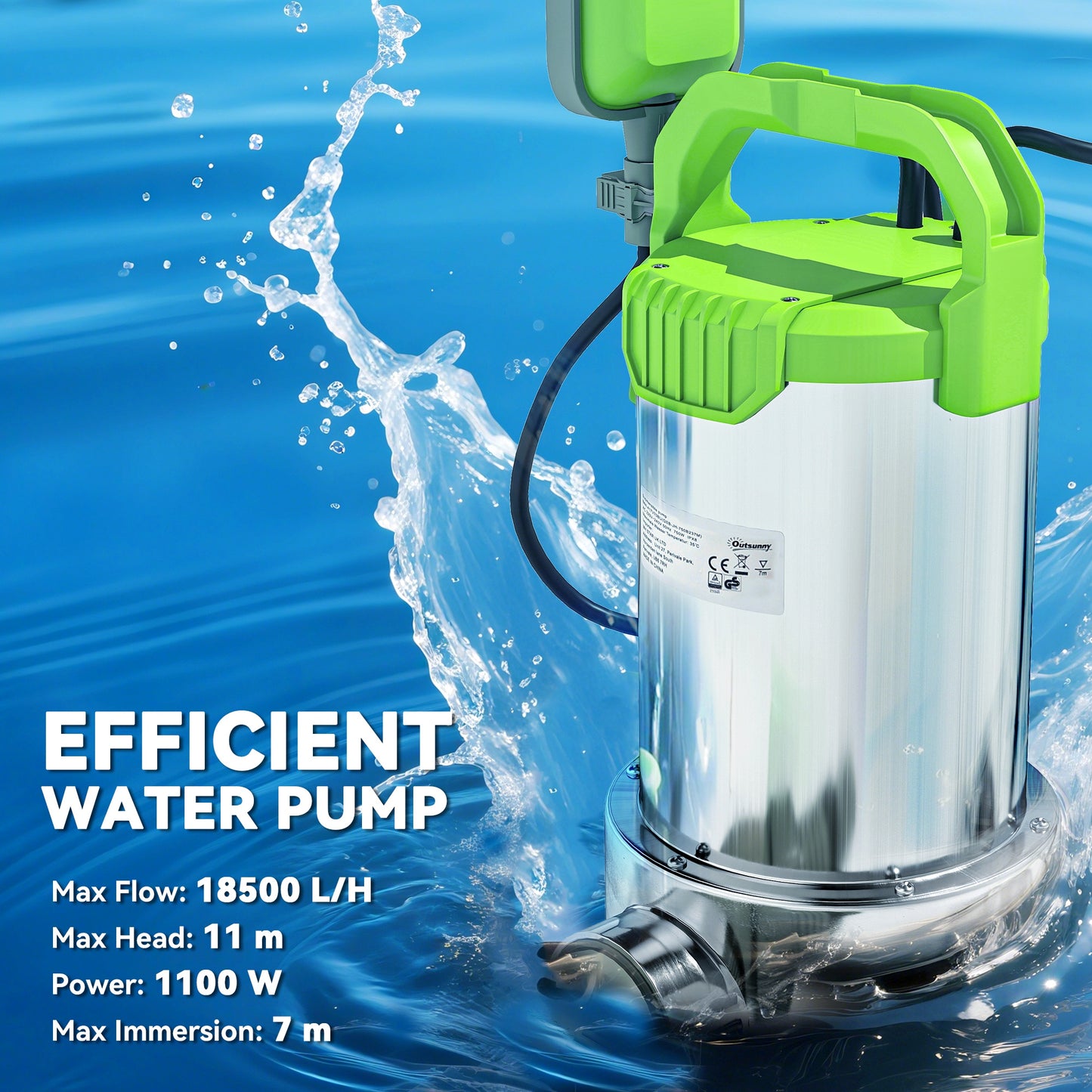 Outsunny 1100W Submersible Water Pump, 18500L/H Sump Pump with Float Switch, for Dirty/Clean Water, Portable and Lightweight, Green.