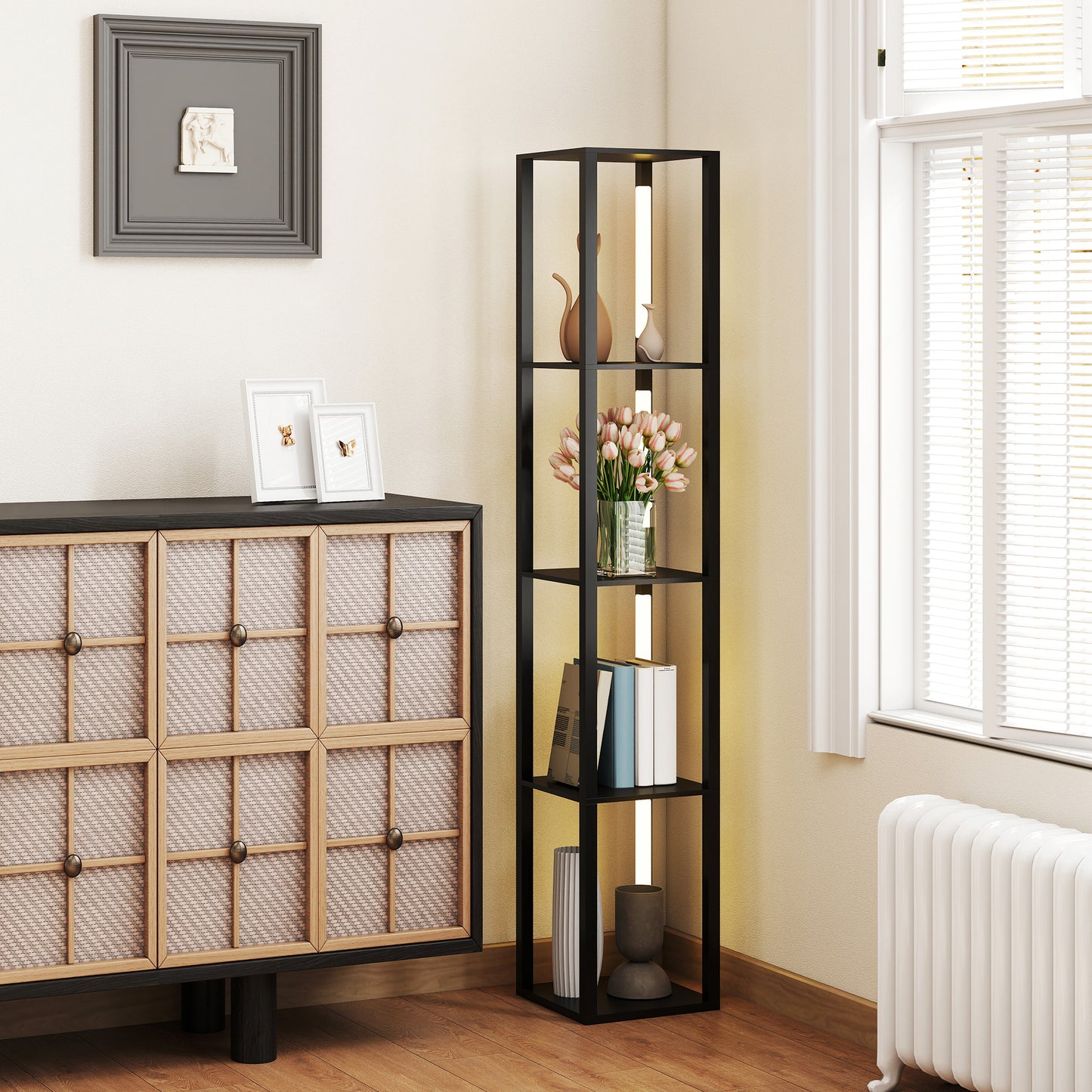 HOMCOM Floor Lamp with Shelves, 4-Layer Dimmable Standing Lamp, 3 Brightness Levels, Foot Switch for Living Room, Bedroom, Office, Black