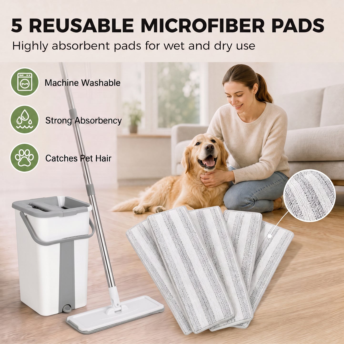 HOMCOM Mop and Bucket Set, Compact Flat Mop System with Wringer, 2-Chamber Design, 5 Reusable Pads, 127cm Handle, White