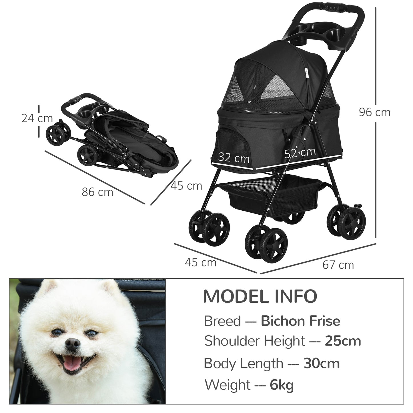 PawHut Pet Stroller, Foldable Cat Dog Pushchair, Pet Travel Carriage with 4 Wheels, Adjustable Canopy, Safety Leashes, Storage Basket and Cup Holder for Small Dogs, Black