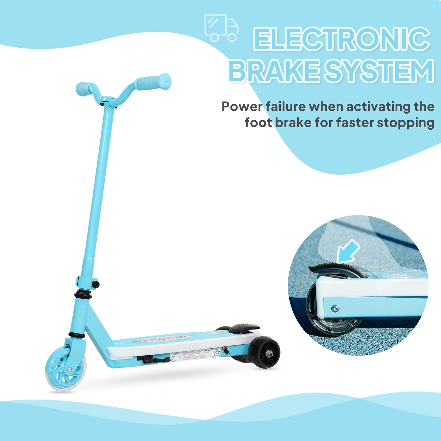 AIYAPLAY Electric Scooter for Kids Ages 4-7, Auxiliary Wheels, LED Light, Electric Brake, 6 KM/H, Blue