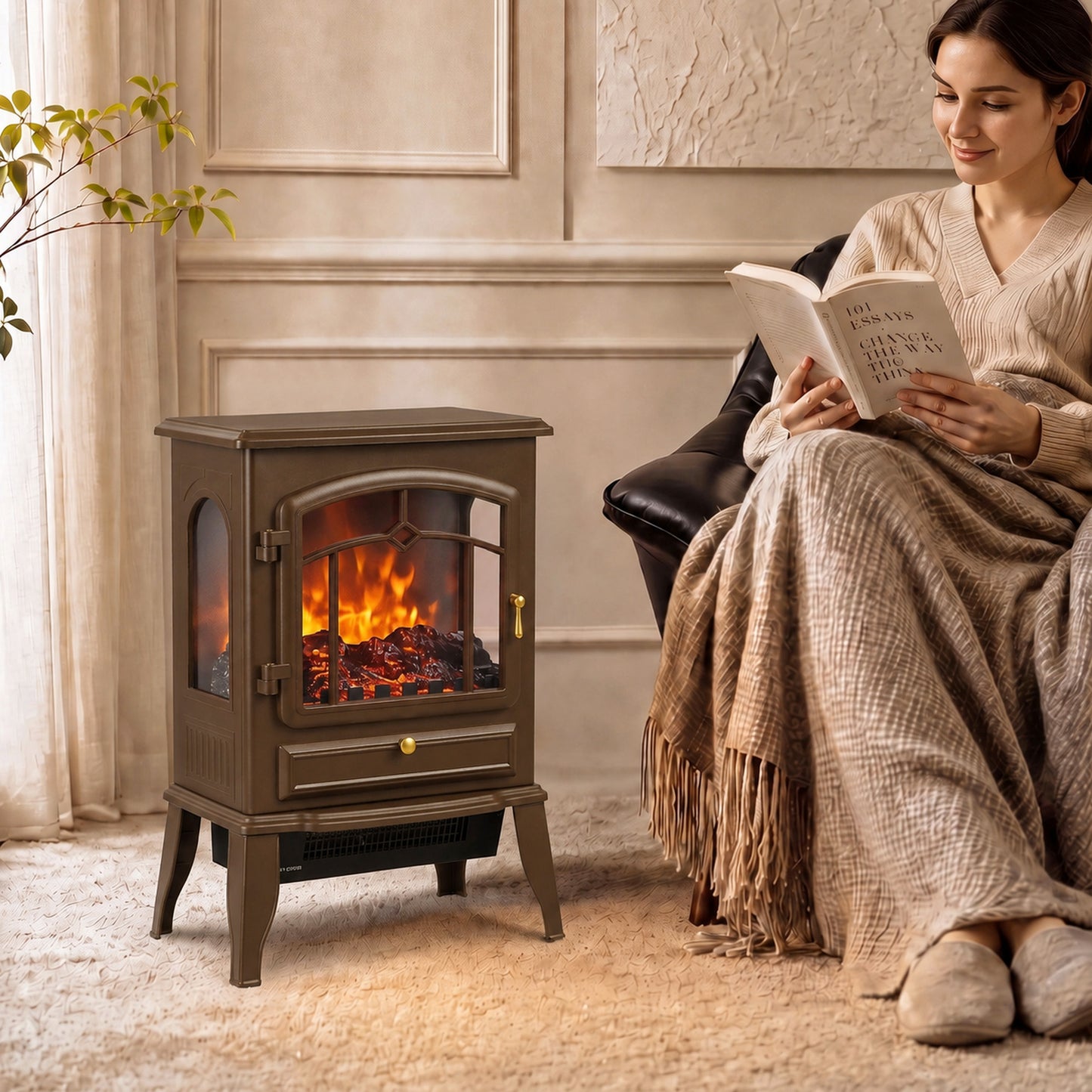 HOMCOM Electric Fireplace Stove, 1000/2000W 3-Sided Freestanding Fireplace Heater with 3D Flame Log, Thermostat, Brown