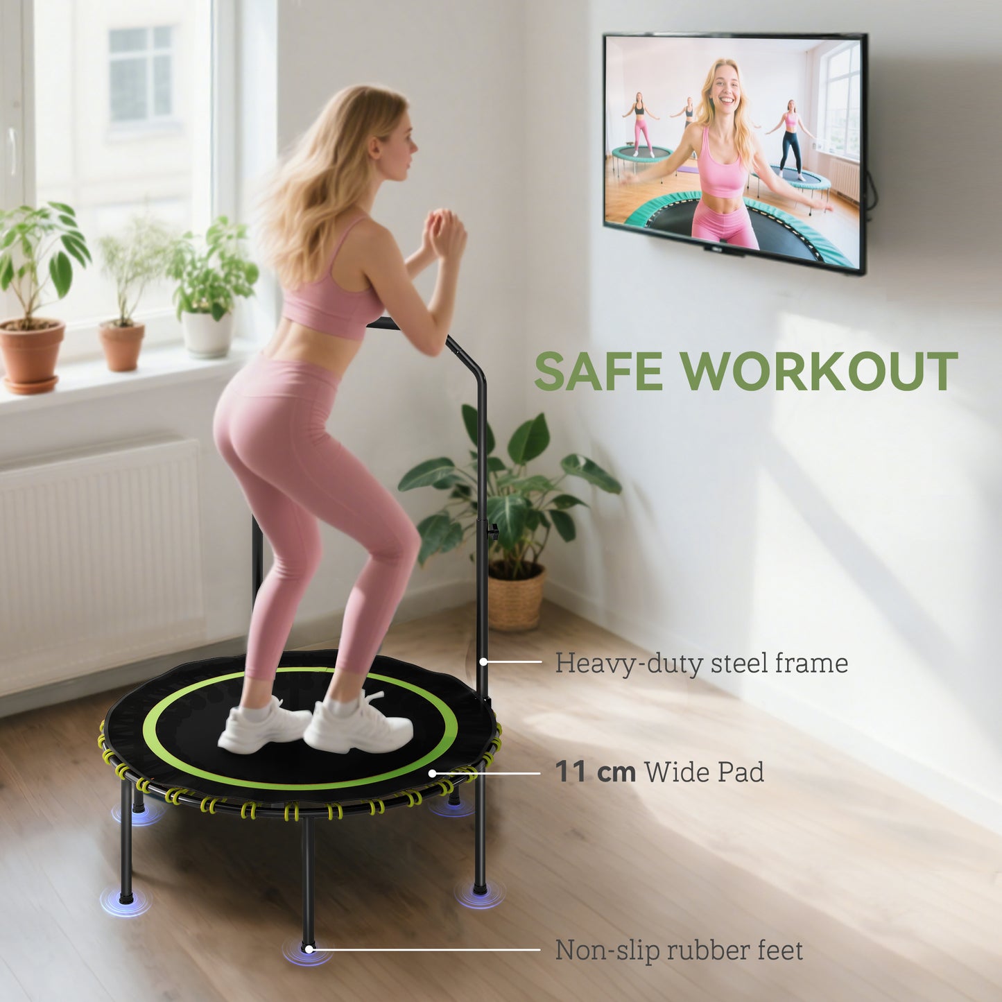 SPORTNOW 40'' Foldable Fitness Trampoline, Mini Rebounder with 5-Level Adjustable Handle for Adults Indoor/Outdoor Exercise, Green