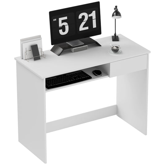 HOMCOM Compact Computer Desk with Keyboard Tray, Home Office Desk with Drawer for Bedroom Study, White