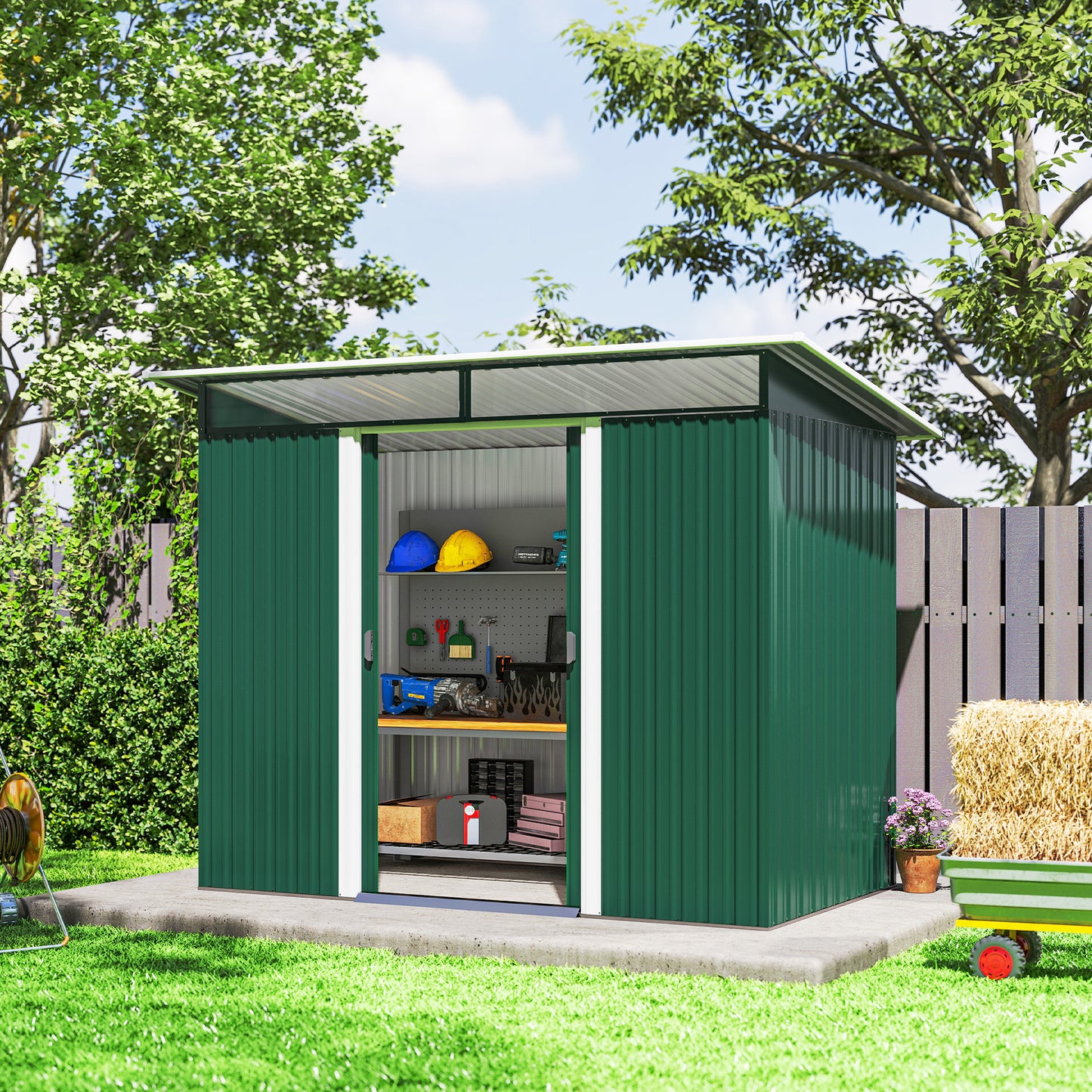 Outsunny Pent Roofed Metal Garden Shed House Hut Gardening Tool Storage w/ Ventilation 260L x 133W x 200Hcm