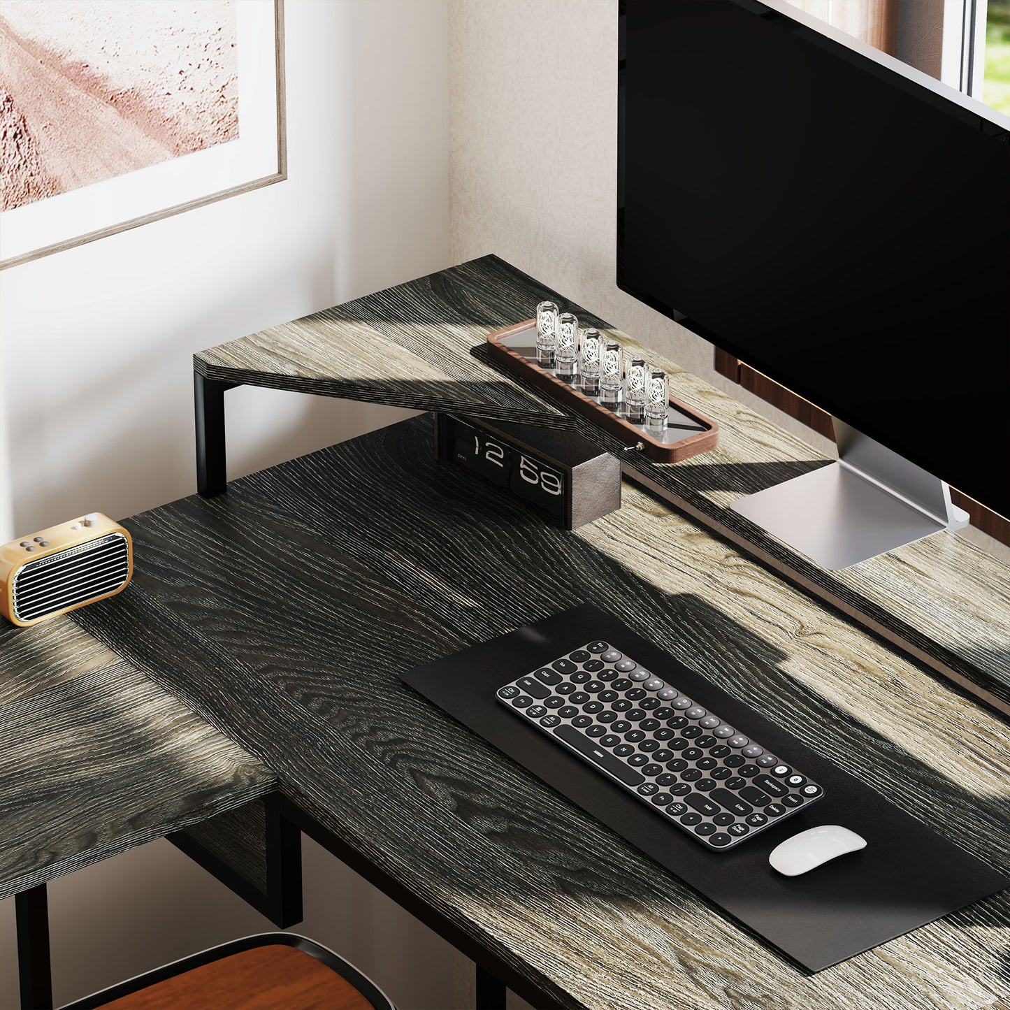 HOMCOM L Shaped Desk, Computer Desk with Liftable Desktop, Charcoal Grey