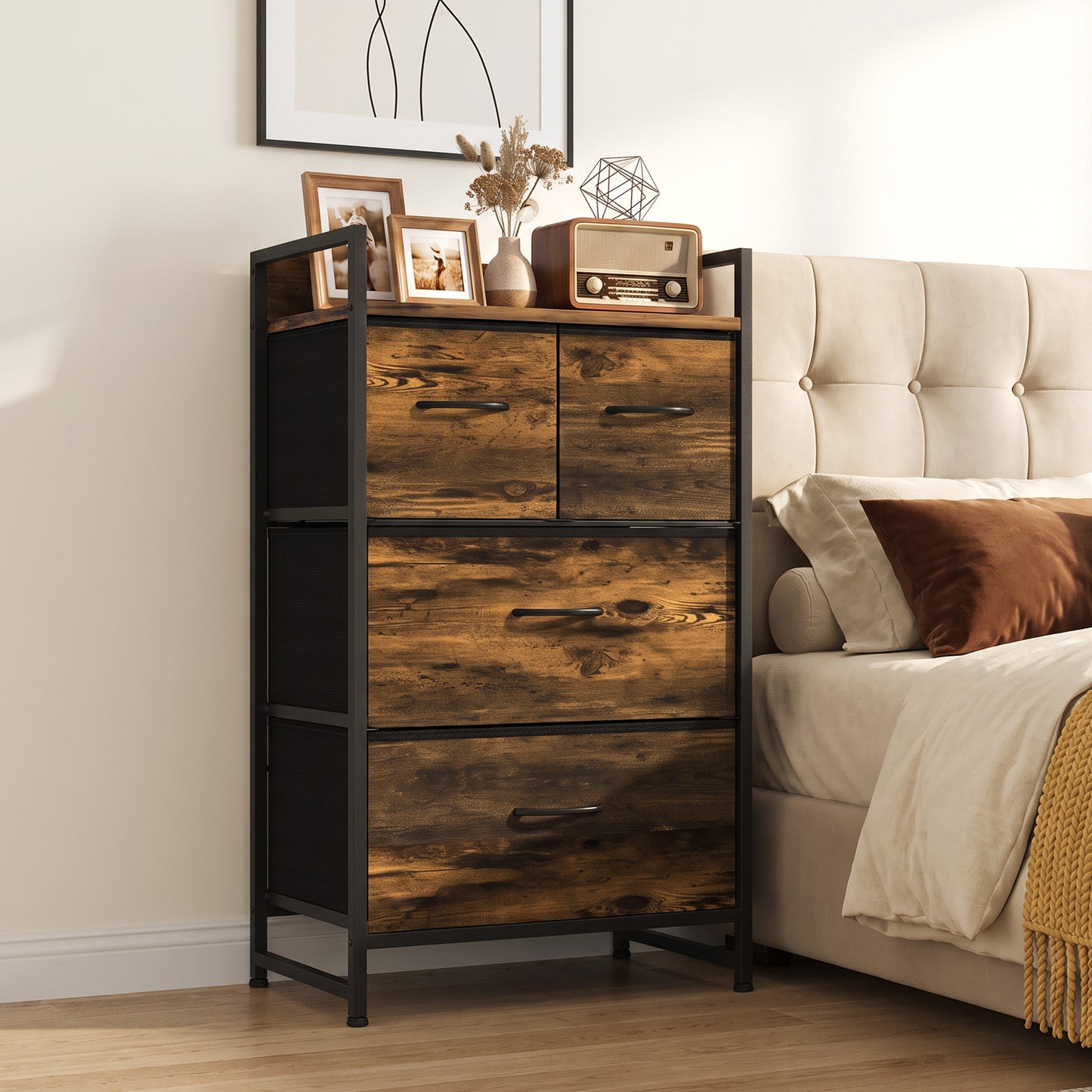 HOMCOM Rustic Chest of Four Fabric Drawers - Rustic Brown