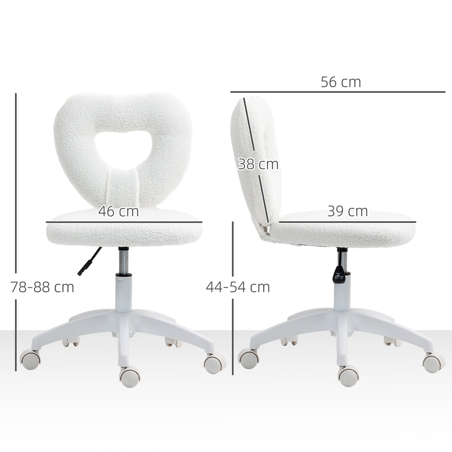 HOMCOM Armless Heart Computer Desk Chair, Swivel Office/Vanity Chair, Height Adjustable with Wheels, Teddy Fleece, White