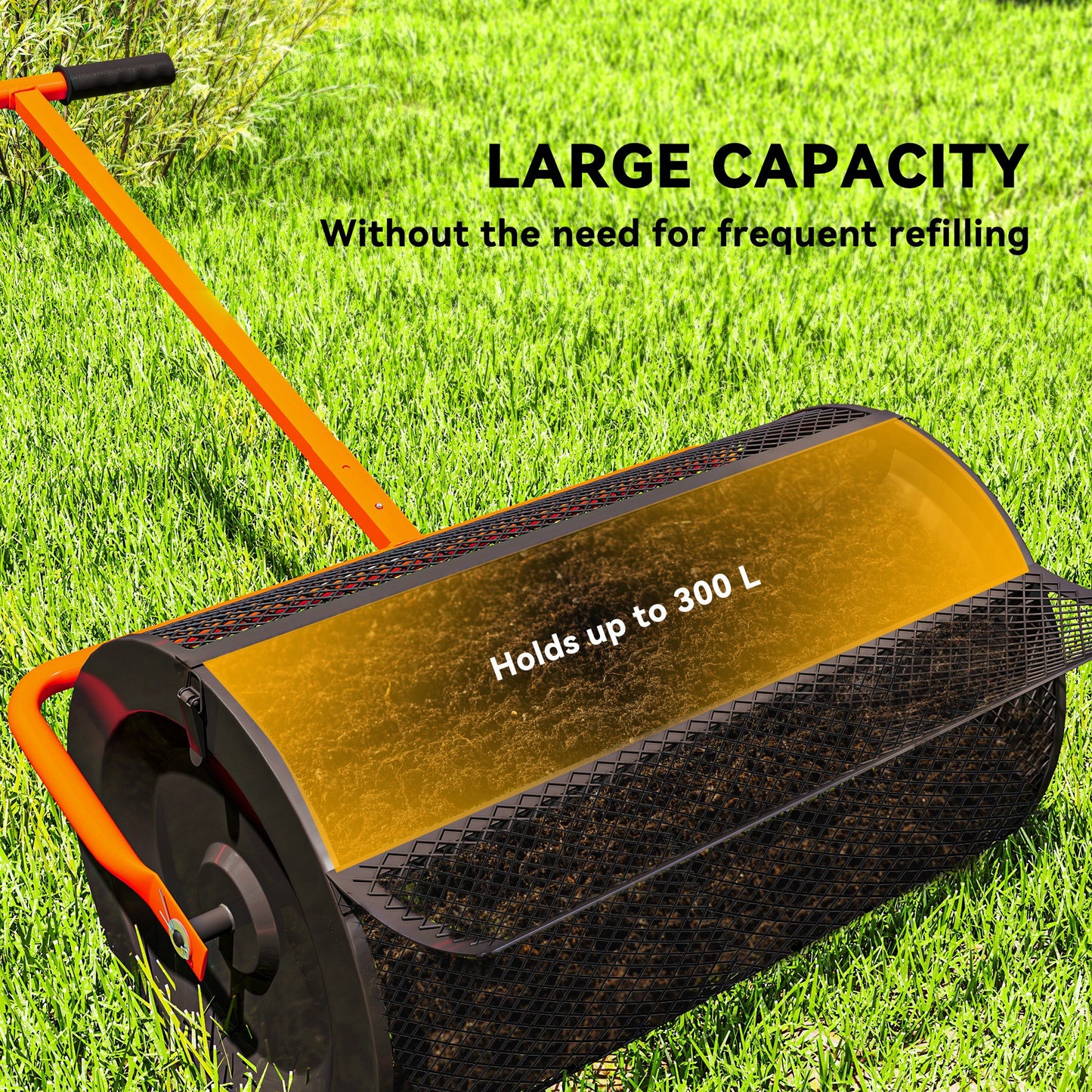 Outsunny Compost Spreader, 24" Peat Moss Spreader with Adjustable T-Handle and Metal Mesh Basket, Garden Spreader for Seeding, Orange