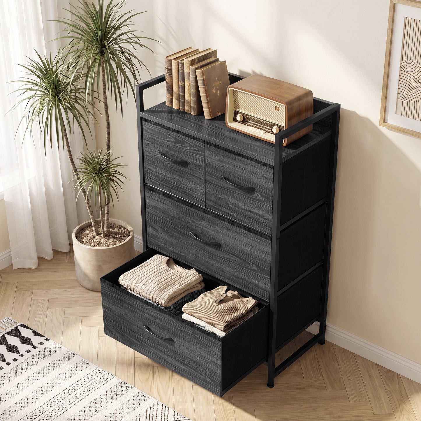HOMCOM Rustic Chest of Four Fabric Drawers - Black Wood Effect