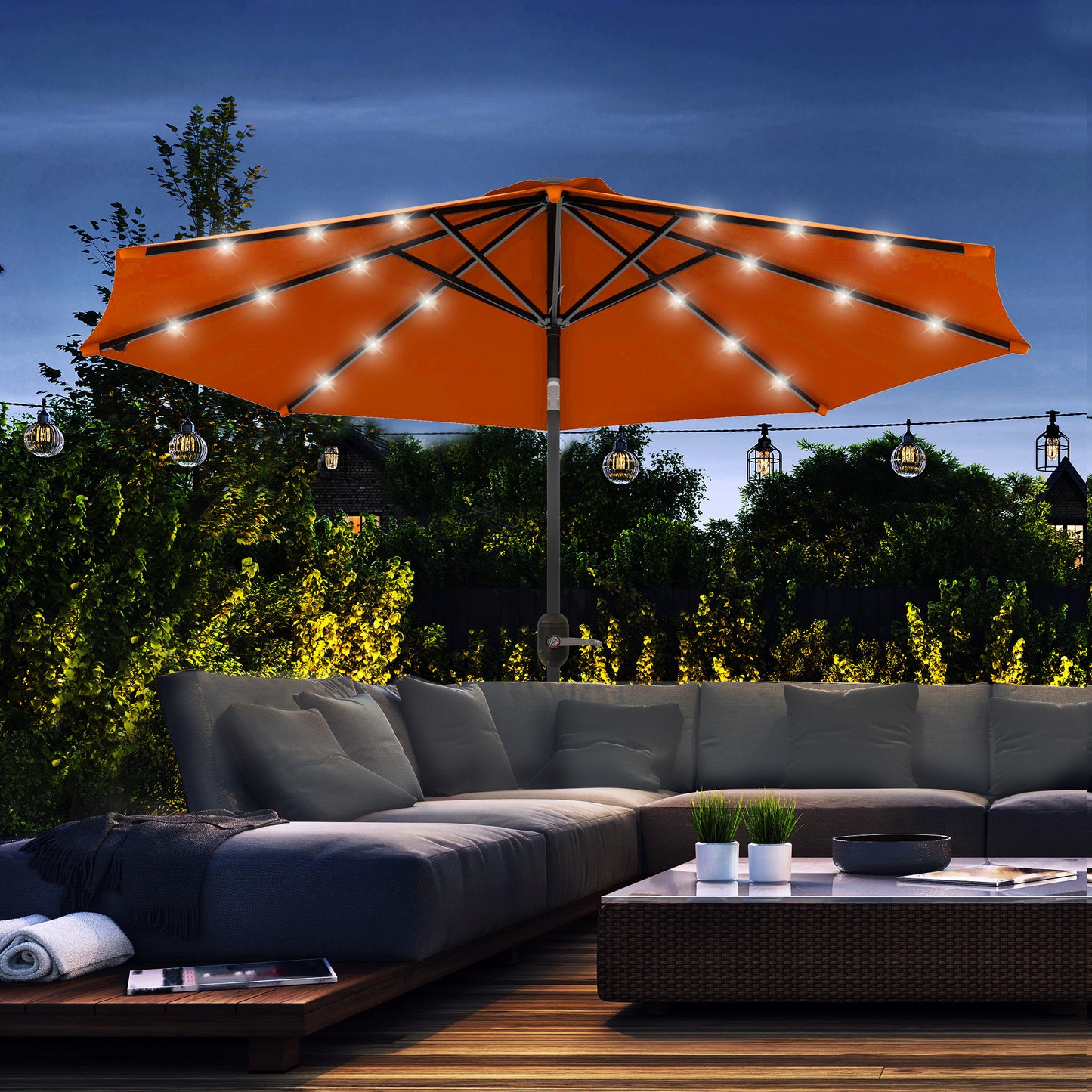 Outsunny 2.7m Outdoor Patio Garden Umbrella Parasol with Tilt Crank and 24 LEDs Lights Orange