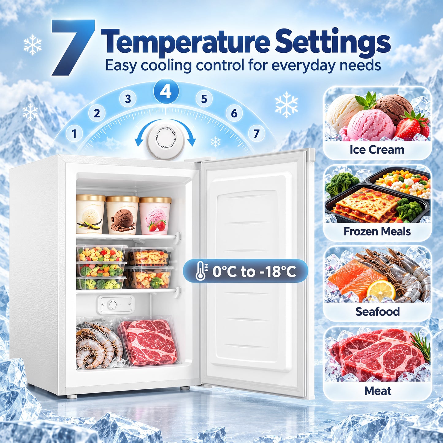 HOMCOM 85L Mini Freezer Countertop, Compact Freestanding Upright Freezer with Reversible Door, Removable Glass Shelves, White