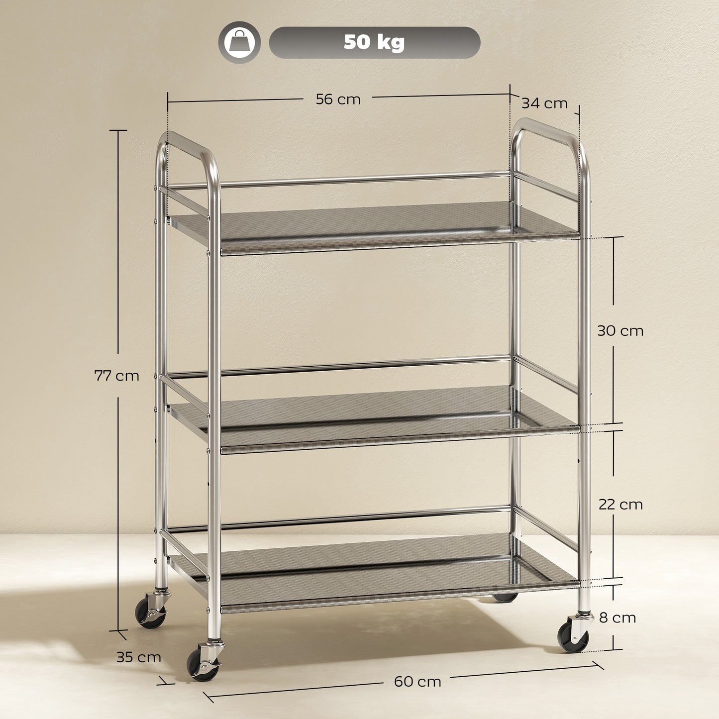 HOMCOM 3 Tier Stainless Steel Kitchen Storage Trolley with Adjustable Shelf - Silver