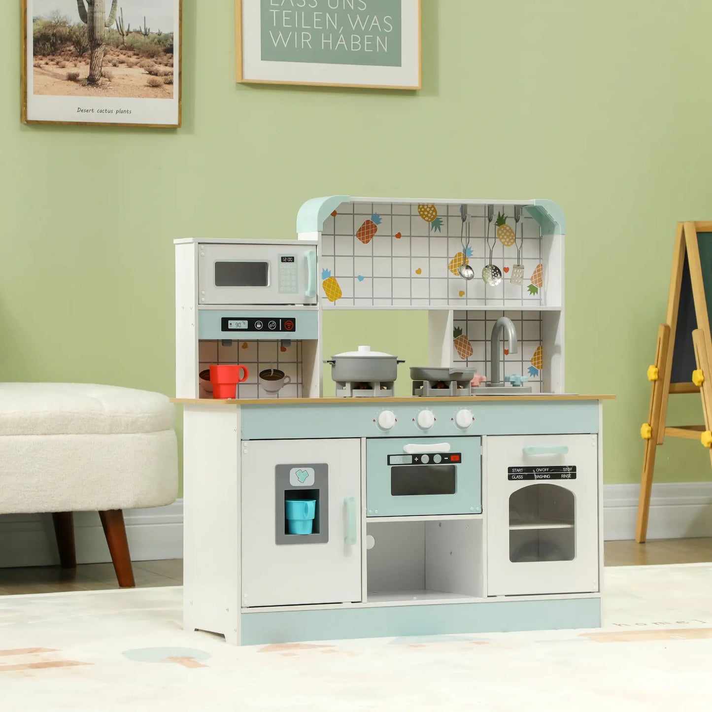 AIYAPLAY Toy Kitchen, Pretend Role Play Kitchen with Hob, Sound and Light, Coffee Machine, Ice Maker, Microwave