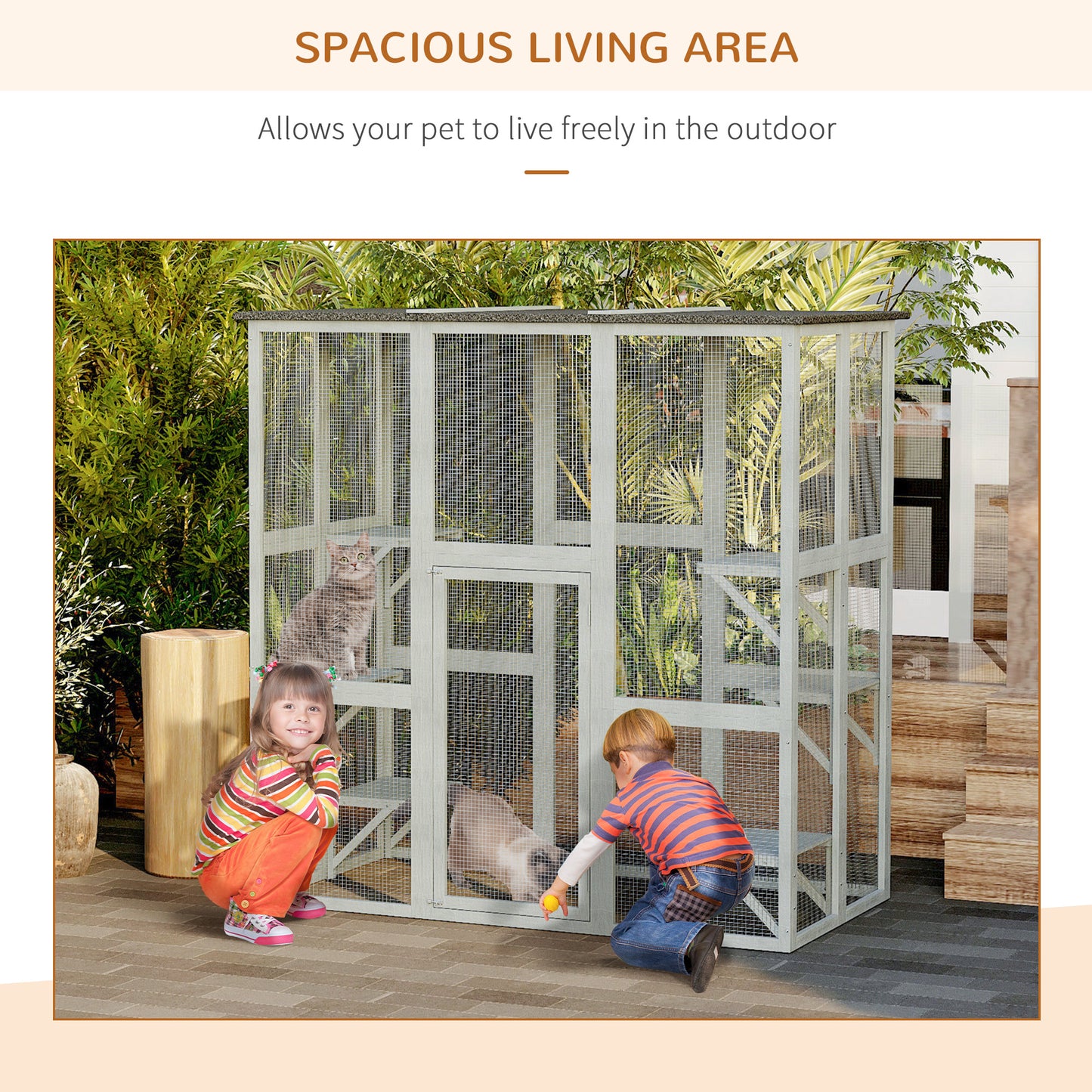 PawHut Wooden Catio Cat Outdoor Enclosure, Cat Cage with Waterproof Roof, Platforms, for Multiple Kittens, 180 x 98 x 180 cm