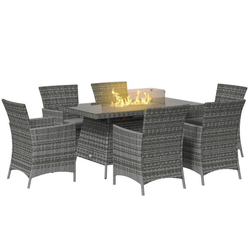 Outsunny 7 Pieces Outdoor PE Rattan Dining Sets with Fire Pit Table, Garden Dining Set w/ Propane Heater Table, Armchairs w/ Cushions, Glass Windscreen, Volcanic Rock, 50,000 BTU, Grey