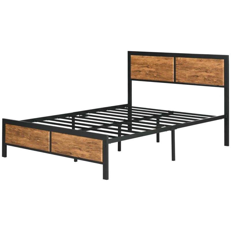 HOMCOM Industrial Double Bed Frame, 5FT Steel Bed Base with Headboard, Footboard, Slatted Support and Under Bed Storage, 147 x 197cm, Rustic Brown